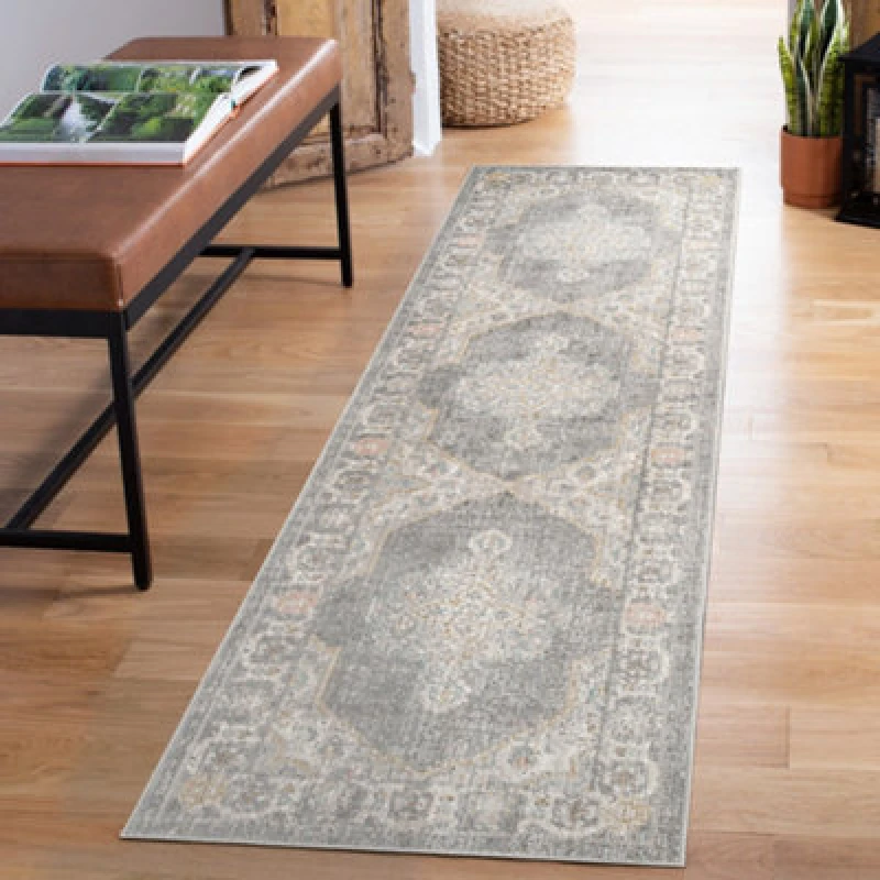 Image of Maia Washable Low Pile Non Slip Orchid Traditional Area Rug - Grey, 60 X 220 Cm (Runner)