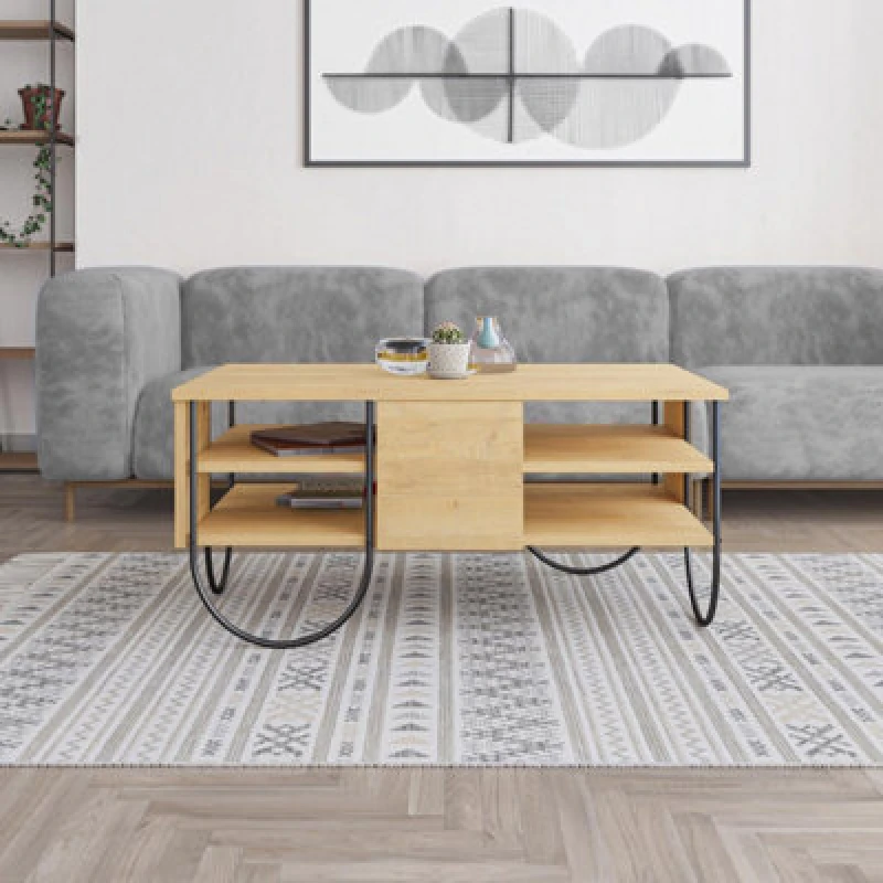Image of FWStyle 3 Tier Natural Oak Coffee Table Scratch Resistant Black Metal Frame Brown