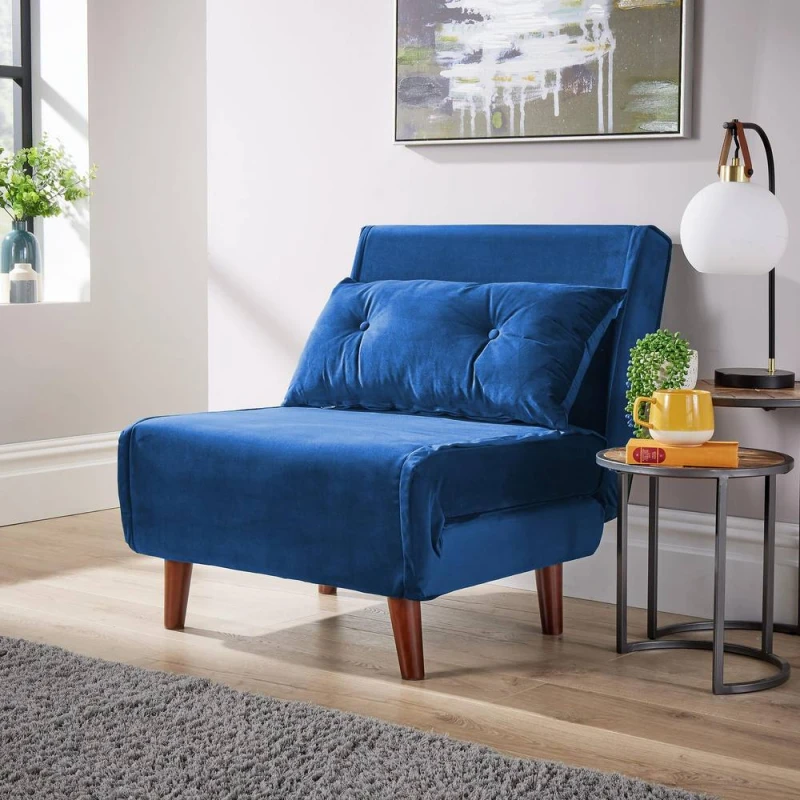 Image of Home Source Morella Velvet 1 Seater Single Folding Sofa Bed Blue
