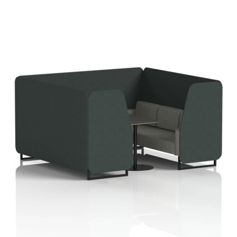 Image of Brixworth 6 Seater Office Booth with Front Panel - Black Legs and Black Table with Black Leg in Rivet Fabric - Charcoal Panels and Vitreous Sofa