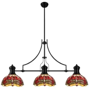 image of Luminosa Luiz, 3 Light Linear Ceiling Pendant E27 With 30cm Tiffany Shade, Matt Black, Purple, Pink, Crystal