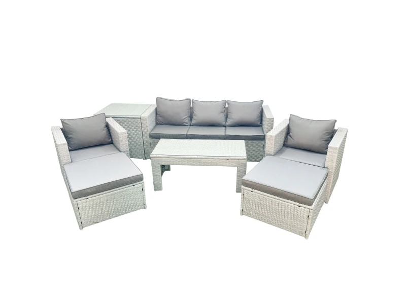 Image of Fimous Rattan Garden Furniture Set 7 Seater Outdoor Garden Sofa 2 Chairs Oblong Coffee Table Set with 2 Stools Side Table Light Grey Mixed Light Grey