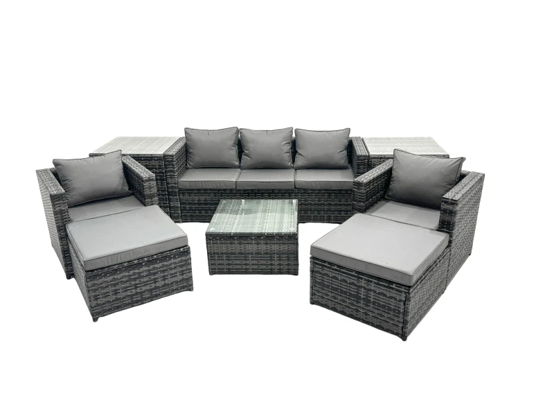 Image of Fimous 7 Seater Patio Lounge Sofa Set with 2 Side Tables 2 Big Footstool in Dark Grey Dark Grey Unisex
