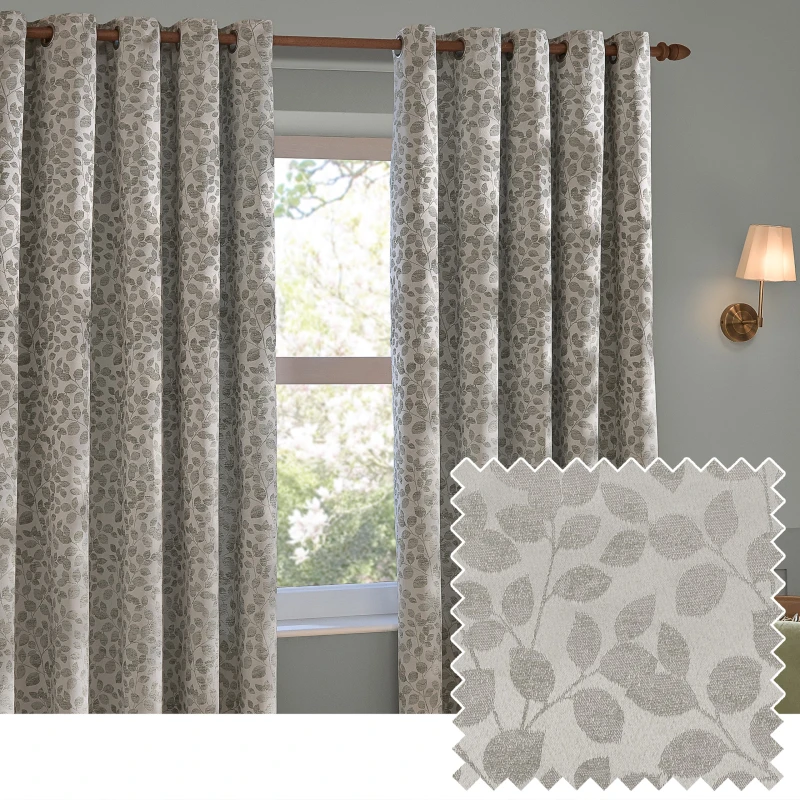 Image of Wylder Grace Leaf Jacquard Room Darkening Eyelet Curtains Mist Grey 117Cm Width 137Cm Drop, Grey 5025532389633