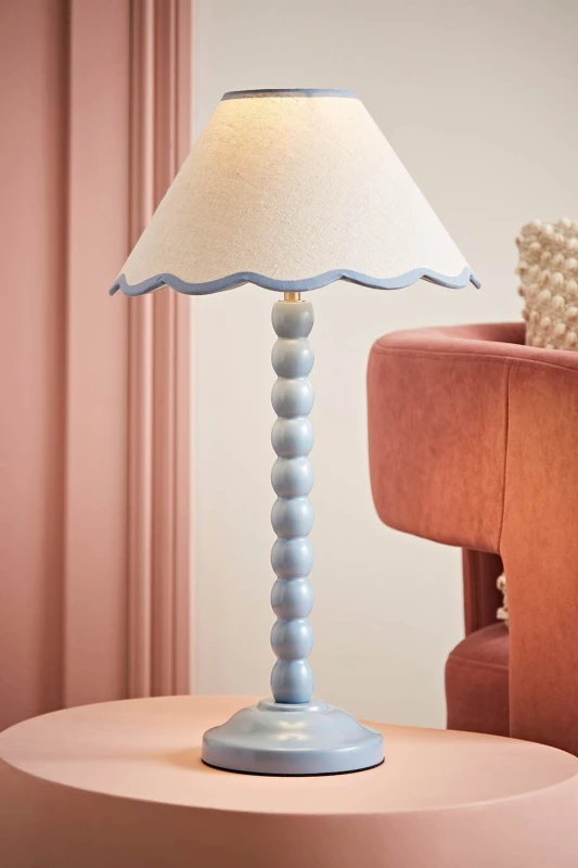 Image of ValueLights Bobbins Powder Blue Table Lamp with Tapered Natural Linen Scallop Shade Blue