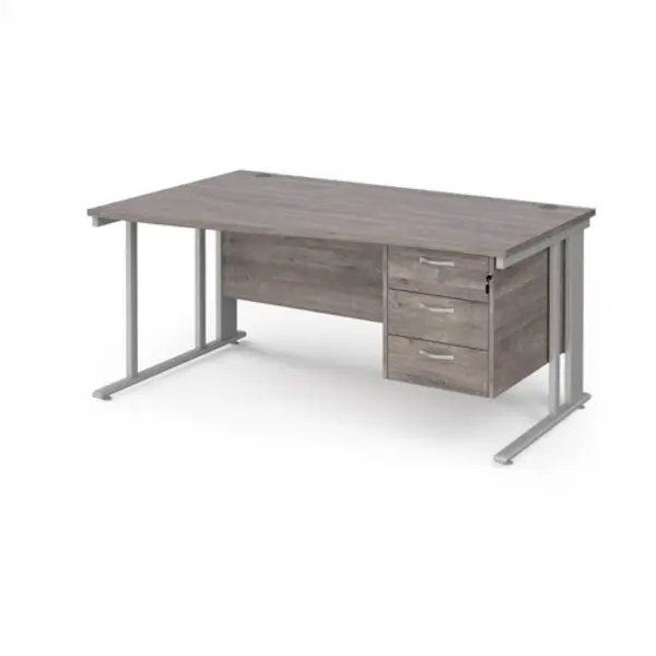 Image of Maestro 25 left hand wave desk 1600mm wide with 3 drawer pedestal - silver cable managed leg frame, grey oak top