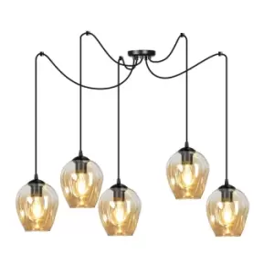 Image of Level Black Glass Dome Cluster Pendant Ceiling Light with Amber Glass Shades, 5x E27