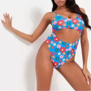 image of Missguided Floral Print High Leg Cut Out Swimsuit - Blue