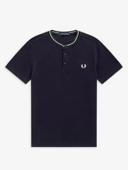 image of Fred Perry Striped Neck Henley T-Shirt, Navy Size M Men