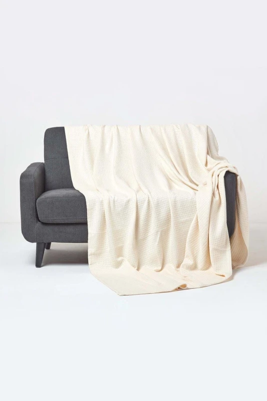 Image of Homescapes Organic Cotton Waffle Blanket/ Throw Natural, 250 X 230 Cm