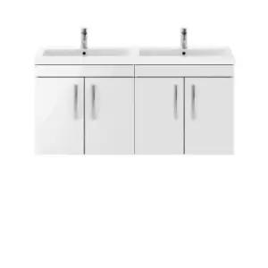 image of Nuie Athena 1200 Wall Hung 4-door Vanity & Ceramic Double Basin - Gloss White