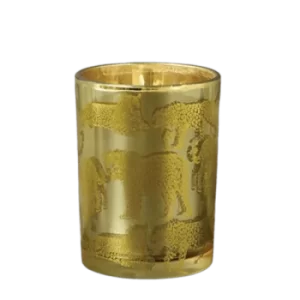 image of Animal Luxe Round Wax Filled Candle Pot with Leopard Print Midnight Pomegranate Scent