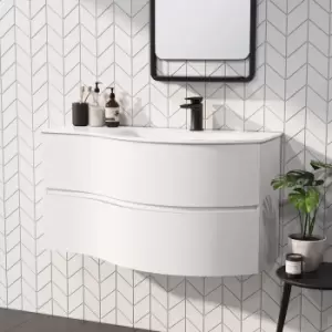 image of 1000mm White Wall Hung Right Hand Curved Vanity Unit with Basin - Tulum