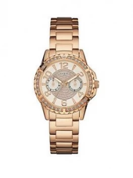 image of Guess Sassy Guess Ladies Rose Gold Watch With Multifunctional Dial And Crystal Detailing.