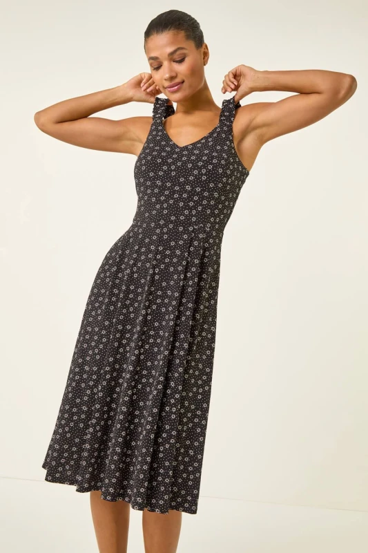 Image of Roman Womens Floral Spot Print Midi Dress in Black Size: 20 Black Female 20