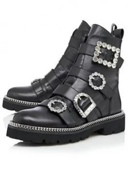 image of Dune London Pagola Multi Buckle Leather Ankle Boot - Black, Size 3, Women