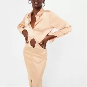 image of Missguided Satin Cut Out Twist Detail Shirt Dress - Beige