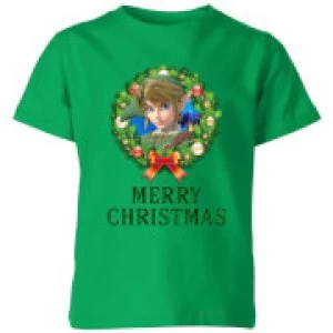 Image of Nintendo The Legend Of Zelda Merry Christmas Wreath Kid's T-Shirt - Kelly Green - 9-10 Years