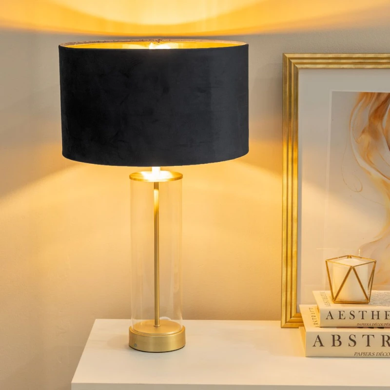 Image of ValueLights ValueLights Balan Glass with Gold Table Lamp and Velvet with Metallic Gold Inner Shade in Black One Size Unisex 5059406061929