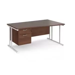 image of Office Desk Right Hand Wave Desk 1600mm With Pedestal Walnut Top With White Frame Maestro 25 MC16WRP2WHW