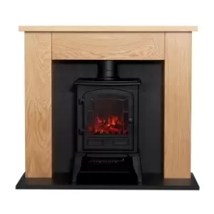 image of Adam Chester Stove Fireplace with Flat to Wall Fitting in Oak & Black with Sureflame Ripon Electric Stove in Black, 39 Inch