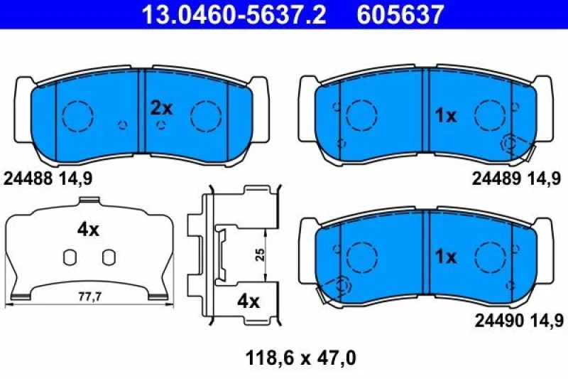 Image of ATE 13.0460-5637.2 Brake pad set with acoustic wear warning, with accessories, with anti-squeak plate Brake Pad Set,disc brake (402)