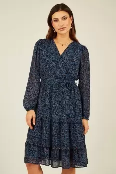 Image of Blue Animal Print Wrap Long Sleeve Midi Dress