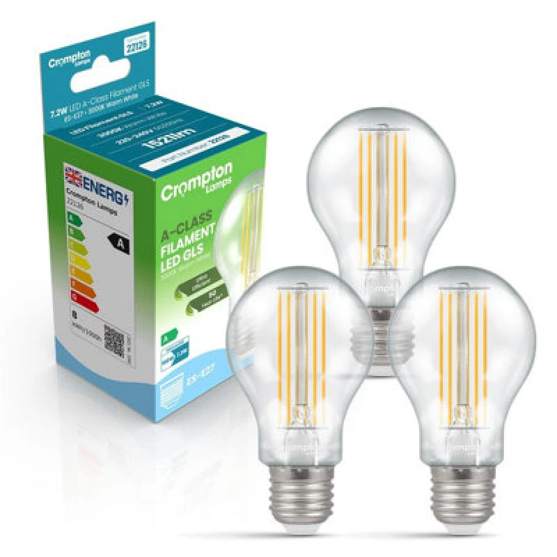 Image of Crompton Lamps LED Ultra-Efficient GLS 7.2W E27 A-Class Warm White Clear (100W Eqv)