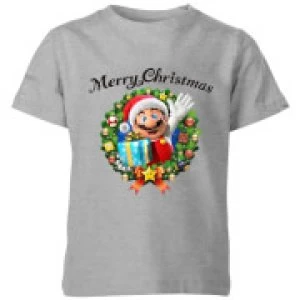 Image of Nintendo Super Mario Merry Christmas Hat Present Kid's T-Shirt - Grey - 11-12 Years