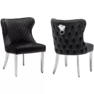 image of Neodirect - Neo 2x Black Mirrored Chrome Legs Velvet Dining Quilted Ring Knocker Armchair Chair