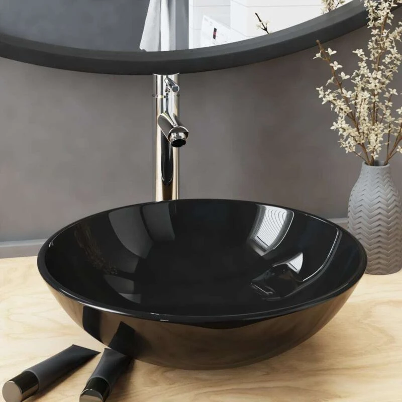 Image of vidaXL Bathroom Sink with Tap and Push Drain Black Tempered Glass, Black 3098449