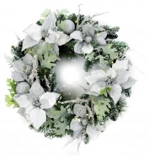 image of Premier Decorations 60cm Pre-Lit Poinsettia Wreath - White