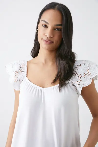 image of Dorothy Perkins Broderie Frill Sleeve Top White