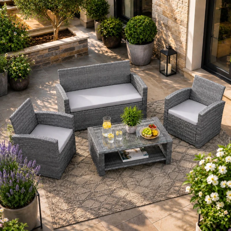 Image of Shatchi 4 Seater Rattan Garden Furniture Set - 2 Chairs, Loveseat Sofa, Coffee Table Outdoor Patio Set in Grey Grey Unisex
