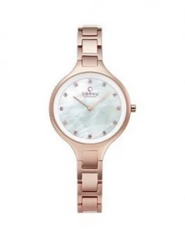 image of Obaku Obaku Iris Mother Of Pearl Dial Rose Gold Stainless Steel Link Bracelet Ladies Watch