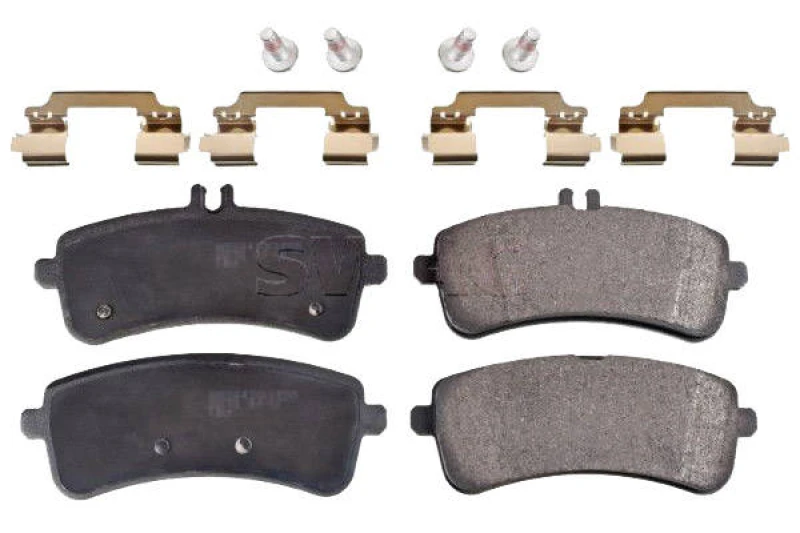 Image of SWAG 33 10 6449 Brake pad set Rear Axle, prepared for wear warning indicator, with fastening/mounting material, with fastening material Brake Pad Set