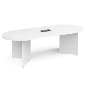 image of Arrow head leg radial end boardroom table 2400mm x 1000mm in white with central cutout and Aero power module