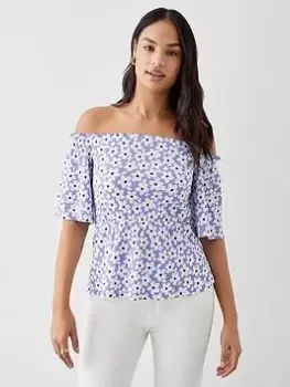 Image of Dorothy Perkins Shirred Waist Printed Bardot Top - Lilac, Purple, Size S, Women