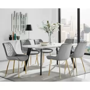 image of Andria Black Leg Marble Effect Dining Table and 6 Grey Pesaro Gold Leg Chairs - Elephant Grey