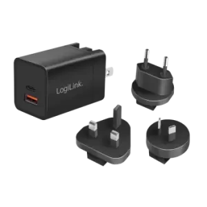 LogiLink USB Travel Charger, GaN, 2port, USB-AF & USB-CF, 30W, w/PD