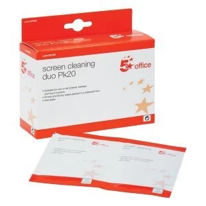 image of 5 Star Office Screen Cleaning Duo Sachets of Wet & Dry Wipes Pack of 20