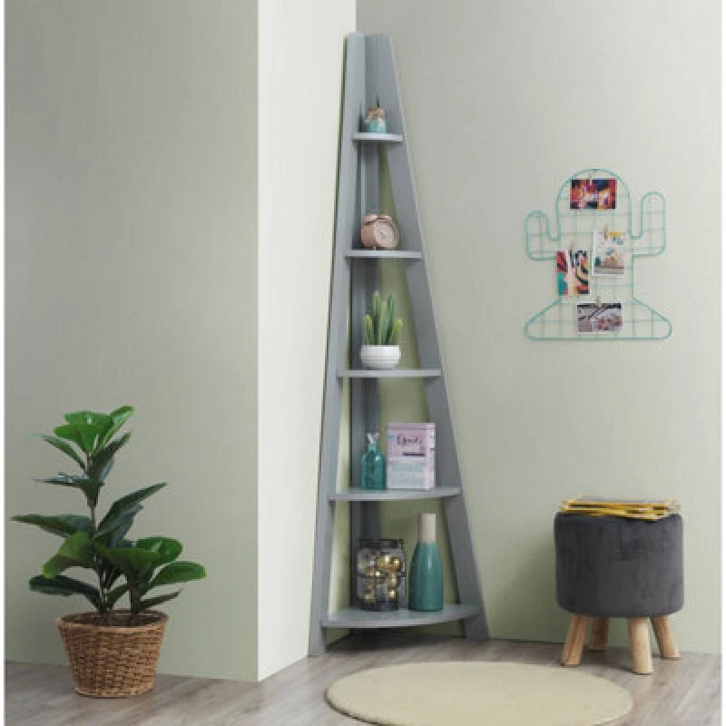 Image of Timber Art Design Riva Scandinavian Retro Corner Ladder Bookcase Shelving Shelf Unit Grey 5 Tier