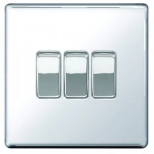 image of Wickes 10A Light Switch 3 Gang 2 Way Polished Chrome Screwless Flat Plate