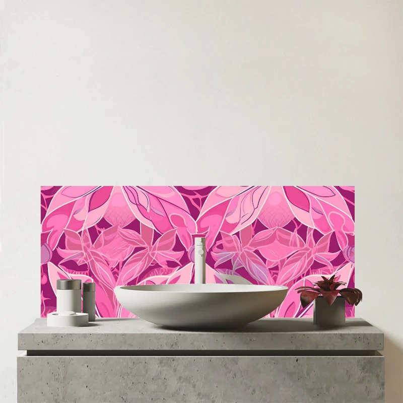 Image of Warren Reed - Designer Pink Abstract Floral Design Glass Bathroom Splashback Pink Unisex