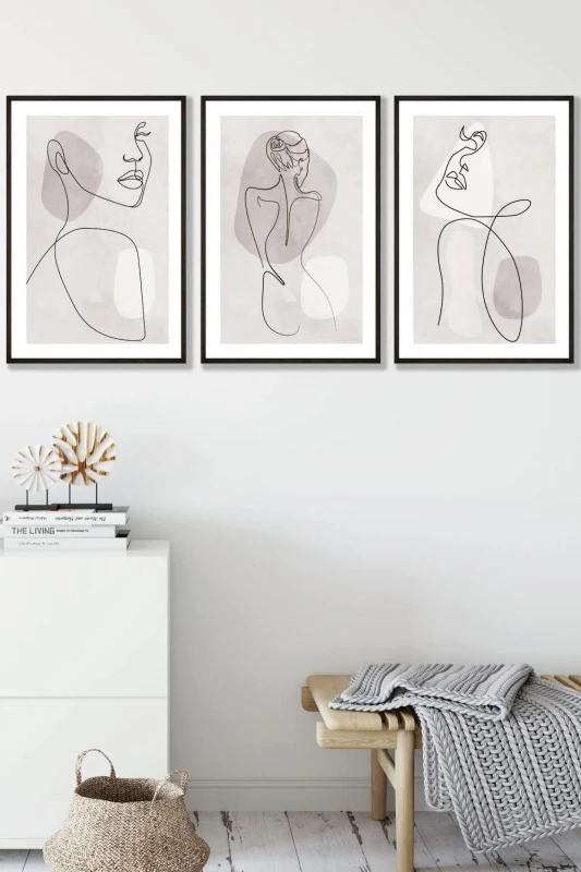 Image of ARTZE Set of 3 Framed Beige & Grey Female Line Art Prints 45cm(W) x 62cm(H) in Black Size: 45 cm(W) x 62 cm(H) Black Unisex 45 cm(W) x 62 cm(H)