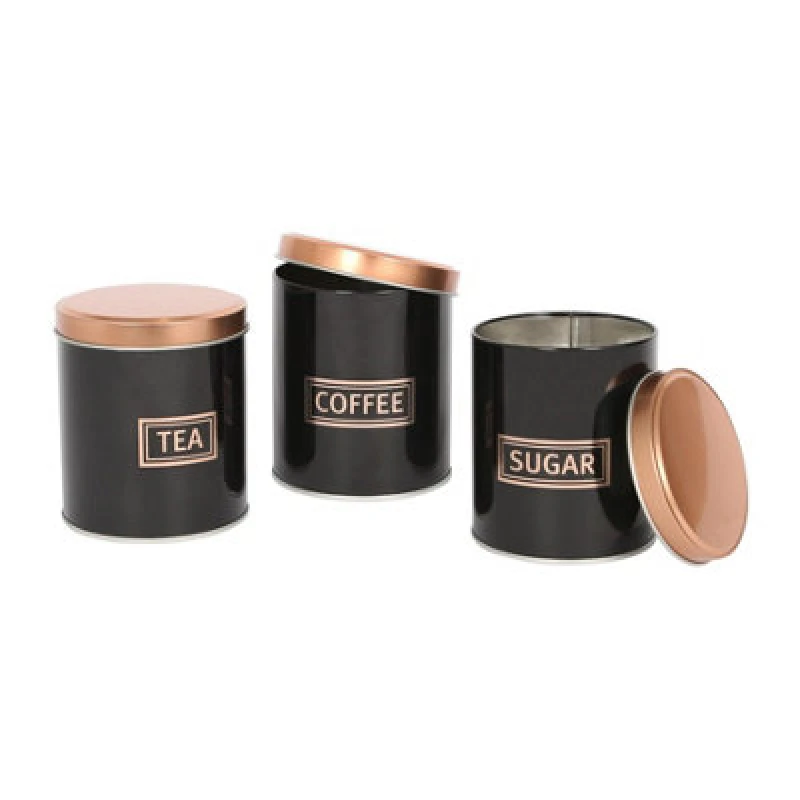 Image of Harbour Housewares 3Pc Tea Coffee Sugar Canister Set - Black/copper - Round Metal Airtight Kitchen Canister Tin Pots