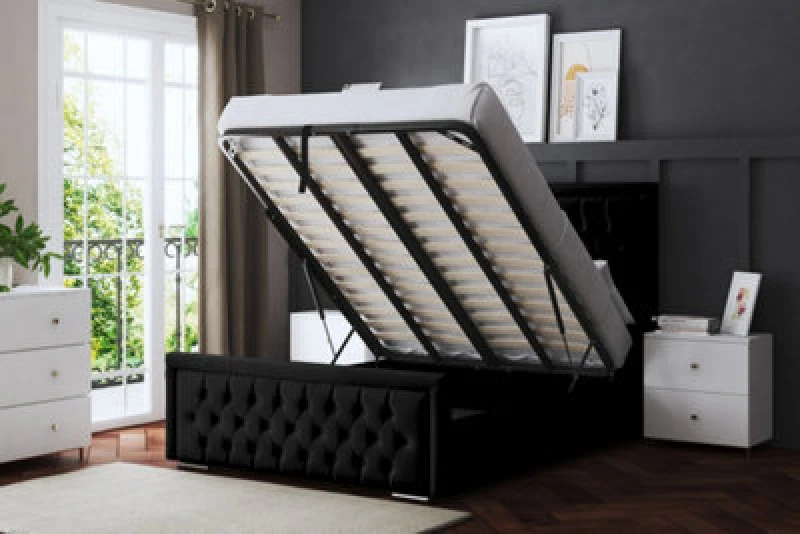 Image of DS LIVING Allegra Black Upholstered Bed With Ottoman Metal Gas Lift Single AM_HILTONOB_SIN_BLA