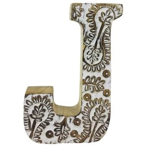 Image of Letter J Hand Carved Wooden White Flower