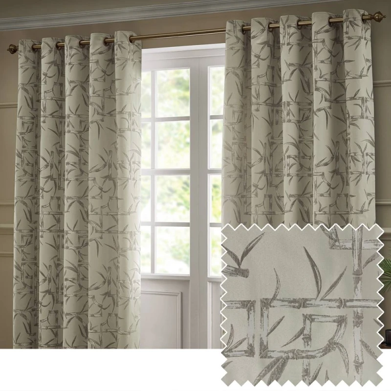 Image of Paoletti Bamboo Fully Lined Jacquard Eyelet Curtain Pair in Beige Size: 229cm width x 183cm drop Beige Unisex 229cm width x 183cm drop