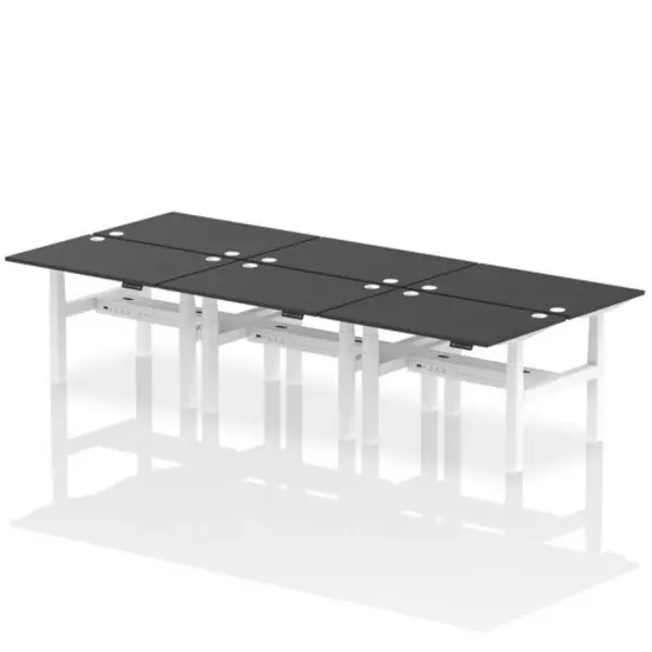 Image of Air Air Back-to-Back 1200 x 800mm Height Adjustable 6 Person Bench Desk Black Top with Cable Ports White Frame HASCP6P12800BLKW